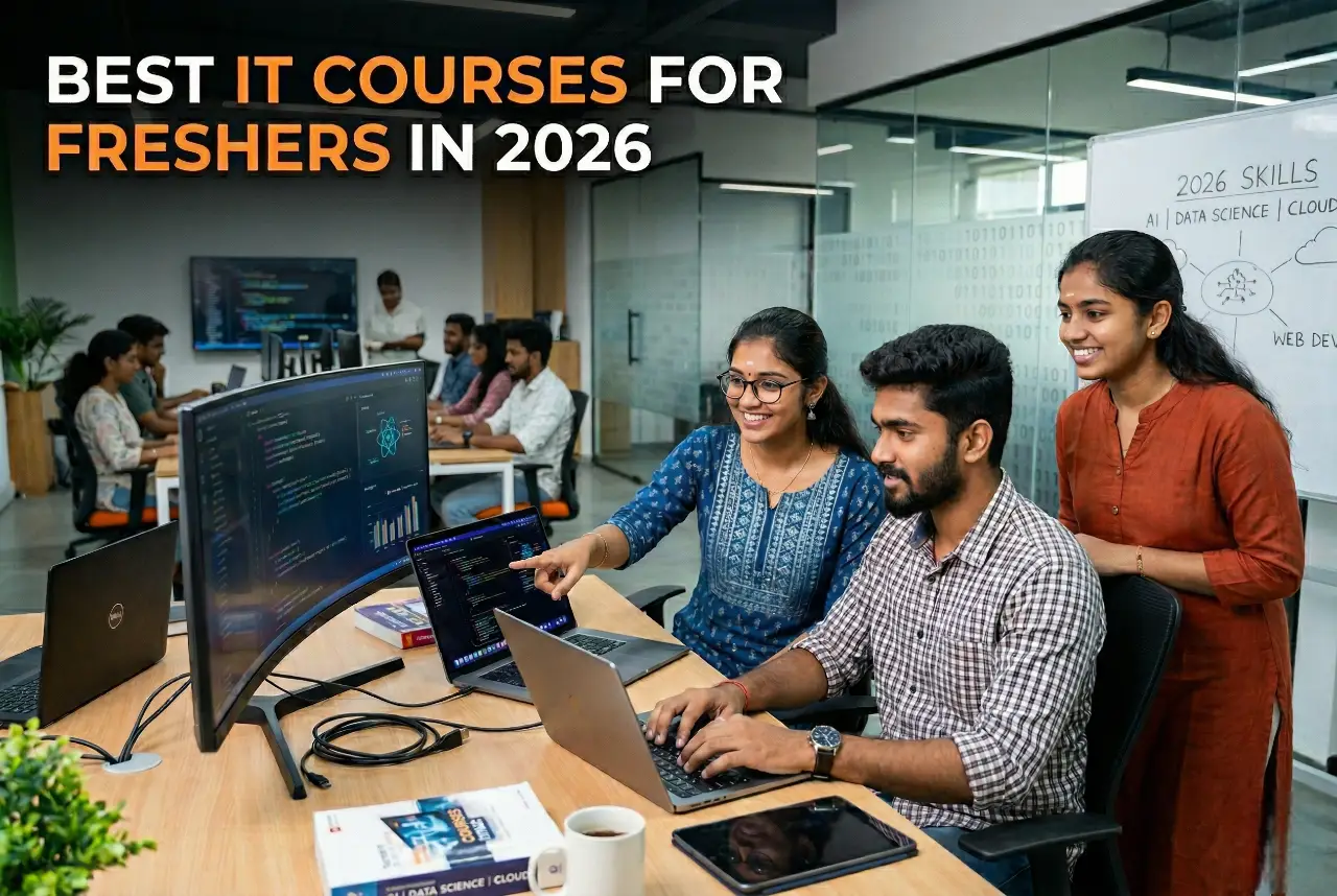 Best IT courses for freshers in 2026 with students learning coding and data skills in a modern training classroom